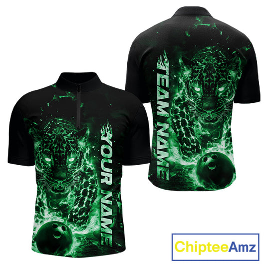 Custom Green Flaming Leopard Men Bowling Shirts, Fire Bowling Team Shirt Bowler Uniform IPHW10715