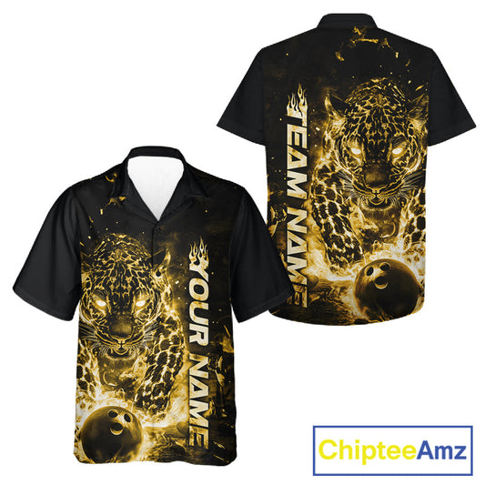 Custom Yellow Flaming Leopard Men And Women Bowling Shirts, Fire Bowling Team Shirt Bowler Uniform IPHW10716