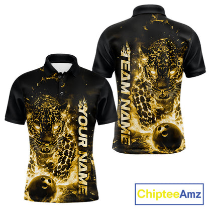Custom Yellow Flaming Leopard Men Bowling Shirts, Fire Bowling Team Shirt Bowler Uniform IPHW10716