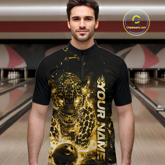 Custom Yellow Flaming Leopard Men Bowling Shirts, Fire Bowling Team Shirt Bowler Uniform IPHW10716