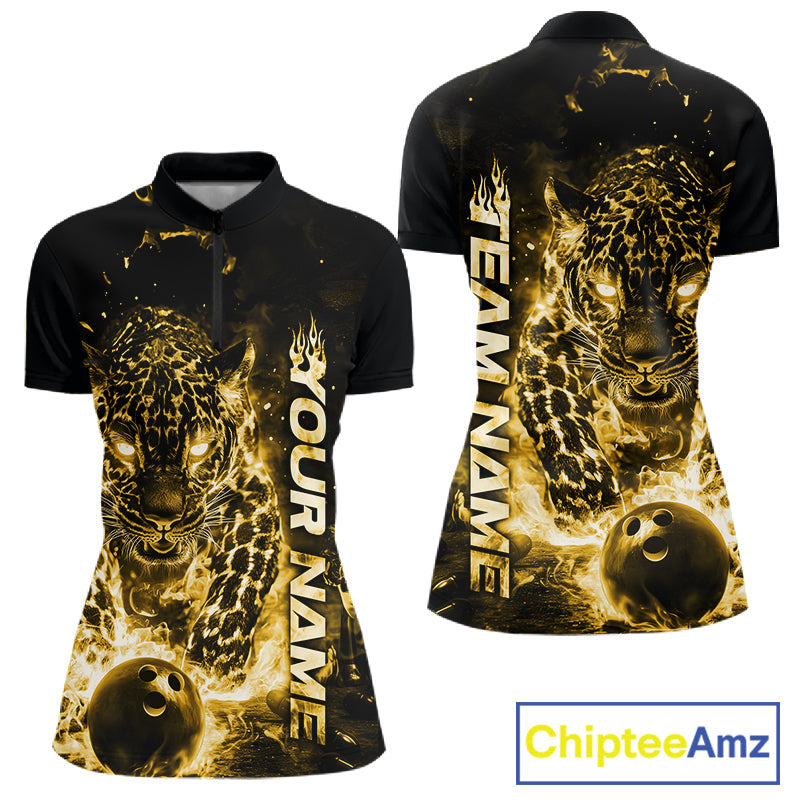 Custom Yellow Flaming Leopard Women Bowling Shirts, Fire Bowling Team Shirt Bowler IPHW10716
