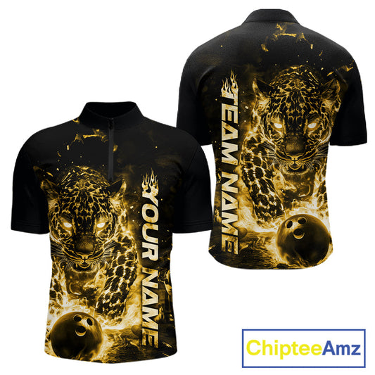 Custom Yellow Flaming Leopard Men Bowling Shirts, Fire Bowling Team Shirt Bowler Uniform IPHW10716