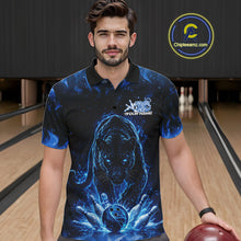 Load image into Gallery viewer, Custom Black And Blue Flame Leopard Bowling Men Polo Shirt, Bowling League Team Shirt IPHW11253