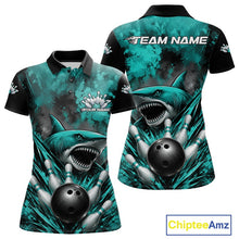 Load image into Gallery viewer, Teal and black polo shirt with shark and bowling ball design, featuring 'Team Name' text.