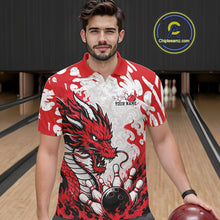 Load image into Gallery viewer, Man wearing a red and white dragon-themed bowling shirt in a bowling alley.