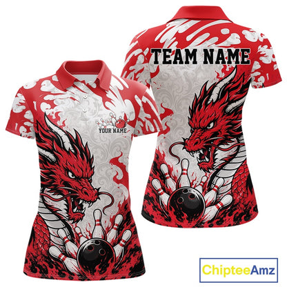 Red and white polo shirt with dragon design on a white background, featuring 'Chiptee Amz' branding.