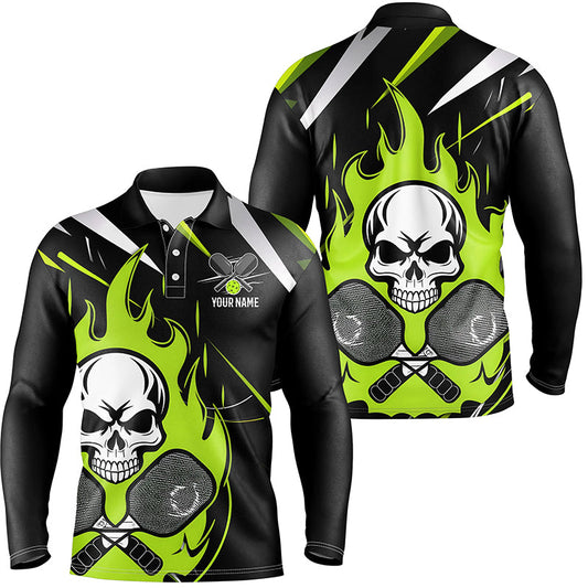 Custom Green Flame Pickleball Shirts For Men, Skull Pickleball Jerseys For Team IPHW6921