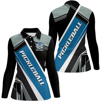 Black And Blue Personalized Pickleball Jerseys for women, Pickleball Polo Shirts Uniform IPHW6923