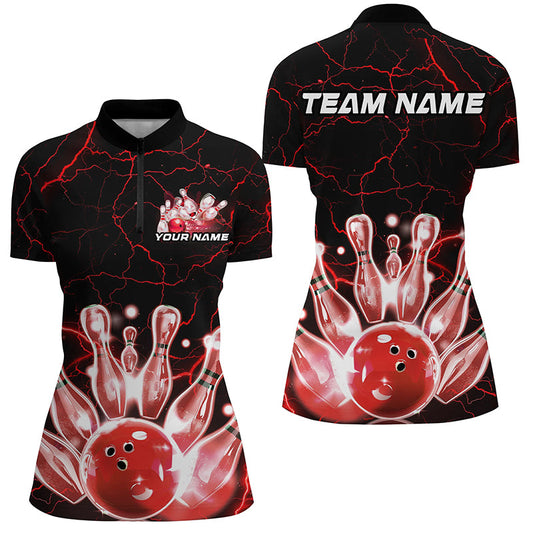 Black And Red Thunder Lightning Custom Bowling Polo Shirts For Women, Bowling League Shirts IPHW7122