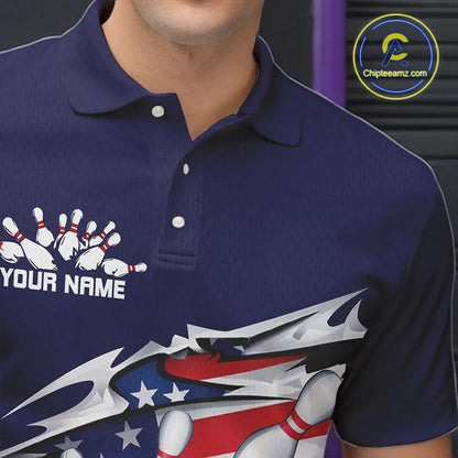 Custom Patriotic Bowling Shirts For Men, US Bowling League Shirts Uniform | Navy IPHW7433