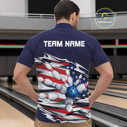 Custom Patriotic Bowling Shirts For Men, US Bowling League Shirts Uniform | Navy IPHW7433