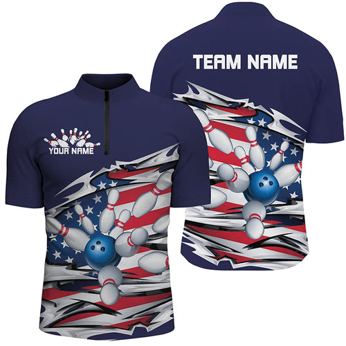 Custom Patriotic Bowling Shirts For Men, US Bowling League Shirts Uniform | Navy IPHW7433