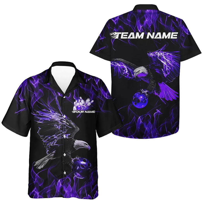 Purple Flame Eagle Custom Bowling Team Hawaiian Shirts For Men And Women, Fire Bowling League Shirt IPHW7950