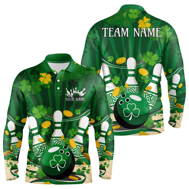 Custom Green St Patrick'S Day Bowling Long Sleeve Polo Shirts For Men, Celtic Team Bowling Outfits IPHW8375