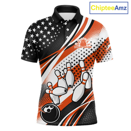 Custom Black And Orange American Flag Patriotic Bowling Shirts, US Flag Bowling League Shirt Bowlers Outfit IPHW10449