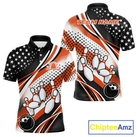 Custom Black And Orange American Flag Patriotic Bowling Shirts, US Flag Bowling League Shirt Bowlers Outfit IPHW10449