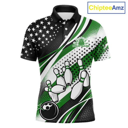 Custom Black And Green American Flag Patriotic Bowling Shirts, US Flag Bowling League Shirt Bowlers Outfit IPHW10450