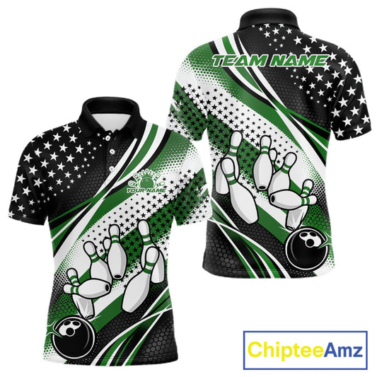 Custom Black And Green American Flag Patriotic Bowling Shirts, US Flag Bowling League Shirt Bowlers Outfit IPHW10450