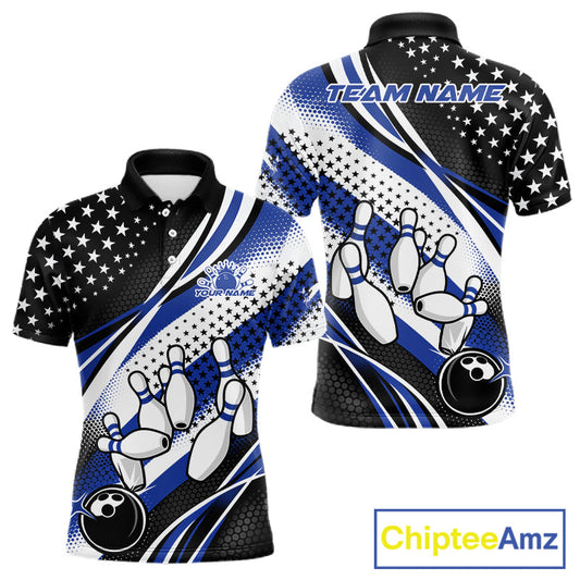 Custom Black And Blue American Flag Patriotic Bowling Shirts, US Flag Bowling League Shirt Bowlers Outfit IPHW10451