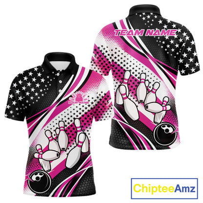 Custom Black And Pink American Flag Patriotic Bowling Shirts, US Flag Bowling League Shirt Bowlers Outfit IPHW10452