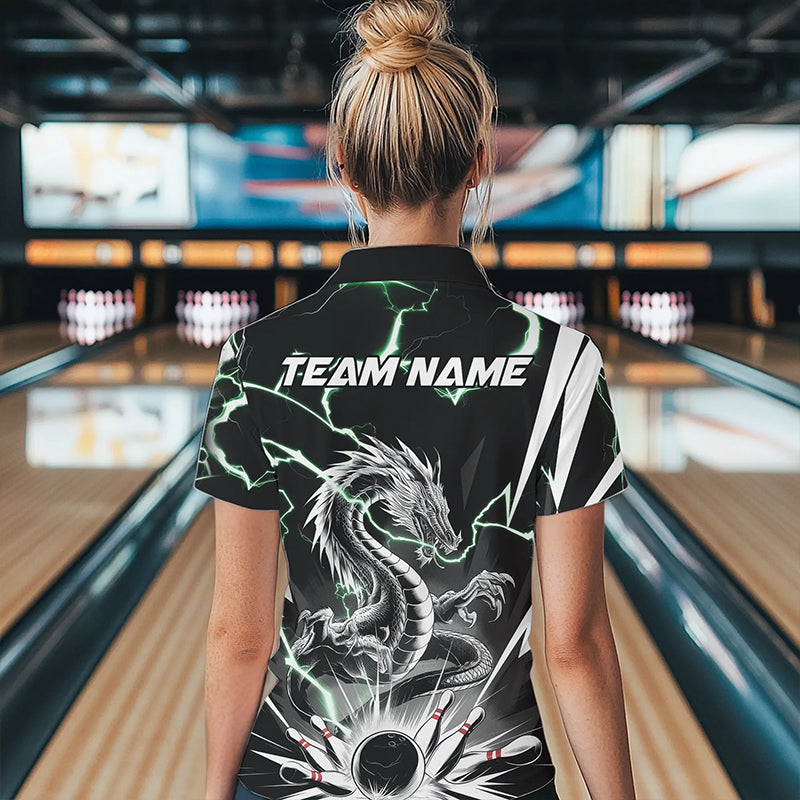 Custom Black And Green Thunder Lightning Dragon Bowling Team Quarter-Zip Shirts For Women IPHW8555