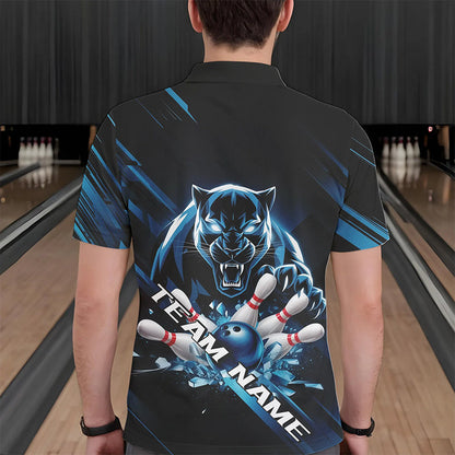 Custom Black And Blue Panther Bowling Polo Shirts For Men, Bowling Team Uniform IPHW8563