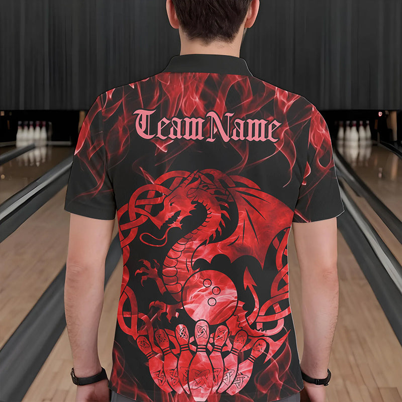 Custom Red Fire Flame Viking Dragon Bowling Polo Team Shirts For Men, Celtic Bowling Shirts IPHW8873