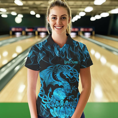 Custom Blue Fire Flame Viking Dragon Bowling Women Polo Team Shirts, Celtic Bowling Shirt IPHW8874