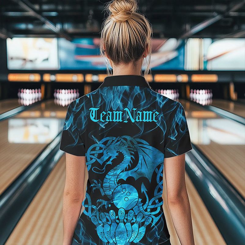 Custom Blue Fire Flame Viking Dragon Bowling Women Polo Team Shirts, Celtic Bowling Shirt IPHW8874
