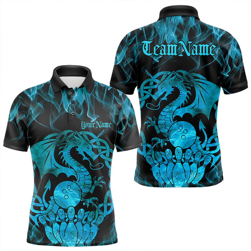 Custom Blue Fire Flame Viking Dragon Bowling Polo Team Shirts For Men, Celtic Bowling Shirt IPHW8874