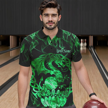 Custom Green Fire Flame Viking Dragon Bowling Men Polo Team Shirts, Celtic Bowling Shirts IPHW8875