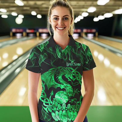 Custom Green Fire Flame Viking Dragon Bowling Women Polo Team Shirts, Celtic Bowling Shirts IPHW8875