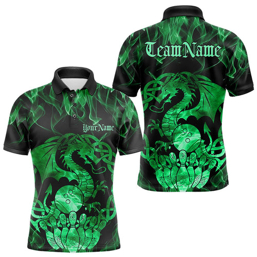 Custom Green Fire Flame Viking Dragon Bowling Men Polo Team Shirts, Celtic Bowling Shirts IPHW8875