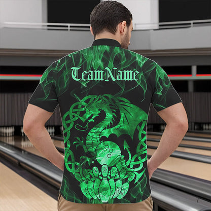 Custom Green Fire Flame Viking Dragon Bowling Men Quarter-Zip Team Shirts, Celtic Bowling Shirts IPHW8875