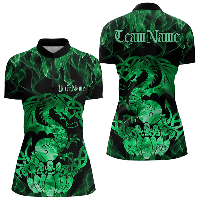 Custom Green Fire Viking Dragon Bowling Women Quarter-Zip Team Shirt, Celtic Bowling Shirts IPHW8875