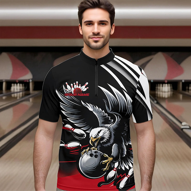Custom Black And Red Eagle Bowling Jerseys, Bowling Team Men Quarter-Zip Shirts Bowlers Outfits IPHW8886