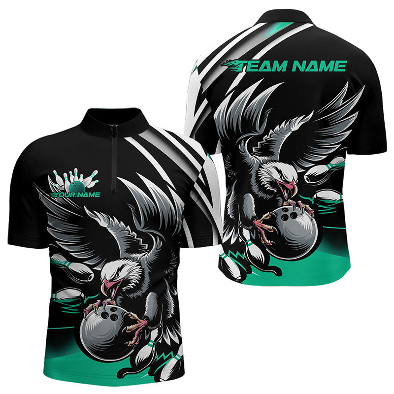 Custom Black And Blue Eagle Bowling Jerseys, Bowling Team Men Quarter-Zip Shirts Bowlers Outfits IPHW8887