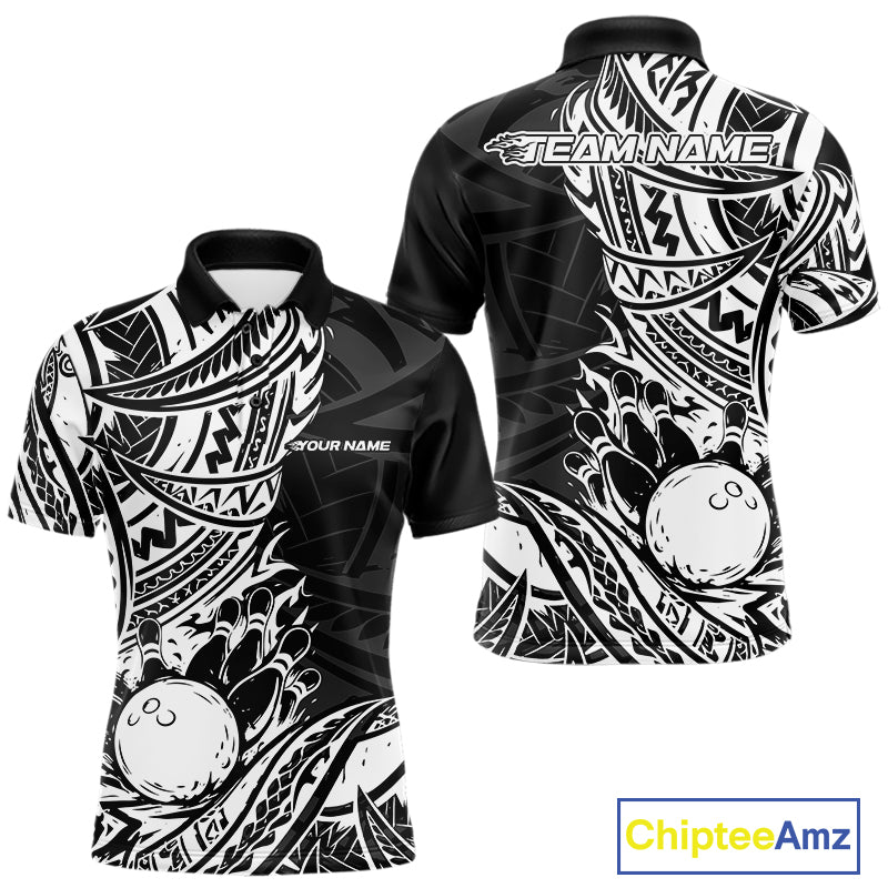 Custom Black And White Maori Style Koru Spiral Tribal Men Bowling Polo Team Shirt IPHW10955