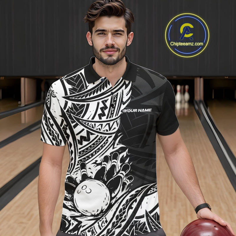 Custom Black And White Maori Style Koru Spiral Tribal Men Bowling Polo Team Shirt IPHW10955