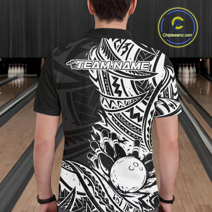 Custom Black And White Maori Style Koru Spiral Tribal Men Bowling Polo Team Shirt IPHW10955