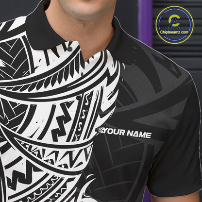 Black and white tribal patterned polo shirt with 'Your Name' text on a dark background