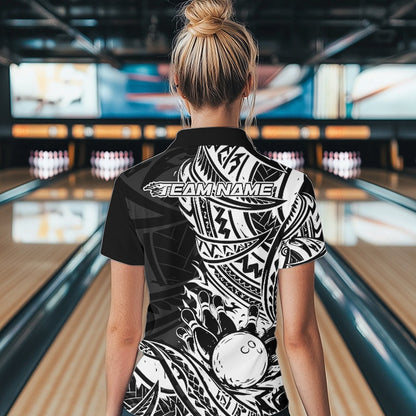 Custom Black And White Maori Style Koru Spiral Tribal Women Bowling Polo Team Shirt IPHW10955