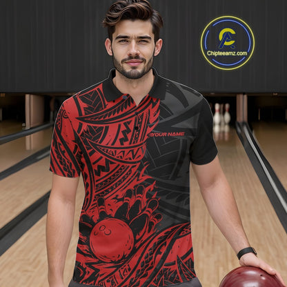 Custom Black And Red Maori Style Koru Spiral Tribal Men Bowling Polo Team Shirt IPHW10956