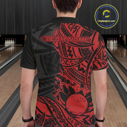Custom Black And Red Maori Style Koru Spiral Tribal Men Bowling Polo Team Shirt IPHW10956