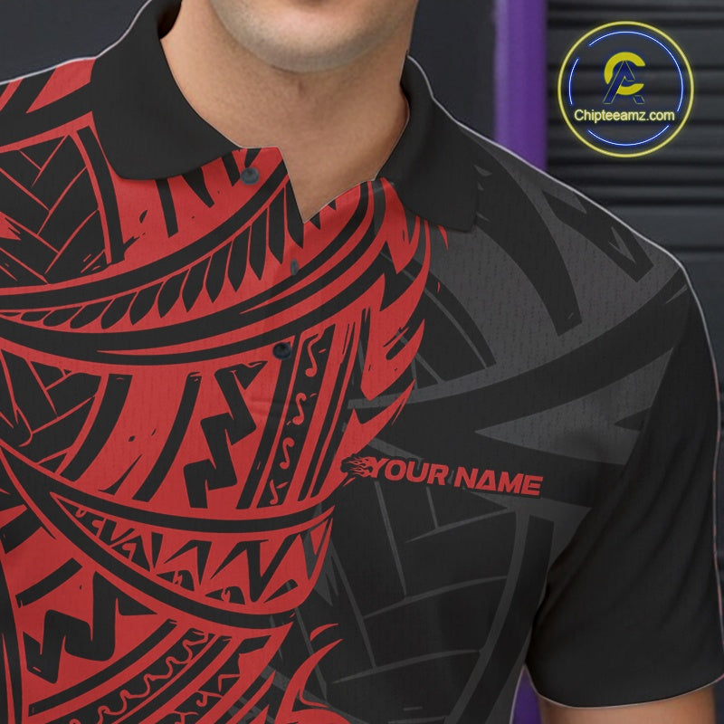 Black and red patterned polo shirt with 'Your Name' text on a dark background