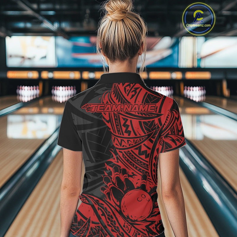 Custom Black And Red Maori Style Koru Spiral Tribal Women Bowling Polo Team Shirt IPHW10956