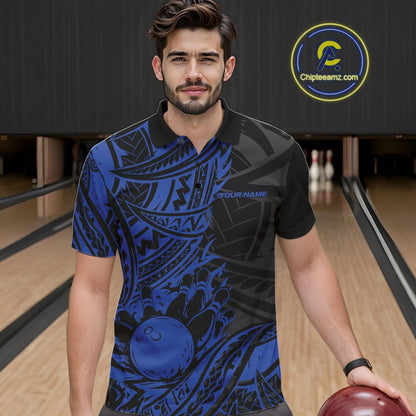Man wearing a black and blue bowling shirt with a bowling ball design, standing on a bowling lane.