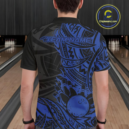 Custom Black And Blue Maori Style Koru Spiral Tribal Men Bowling Polo Team Shirt IPHW10957