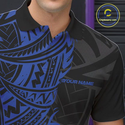 Black and blue maori tribal patterned polo shirt with 'Your Name' text on a blurred background