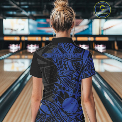 Custom Black And Blue Maori Style Koru Spiral Tribal Women Bowling Polo Team Shirt IPHW10957